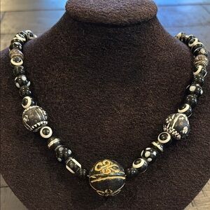 Long Ceramic Glass Bead Art Nouveau Black White Handcrafted Onyx Beaded Necklace